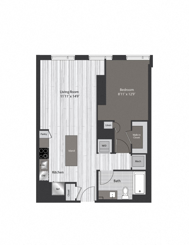 Floor plan for 1 bed, 1 bath, 733 sqft