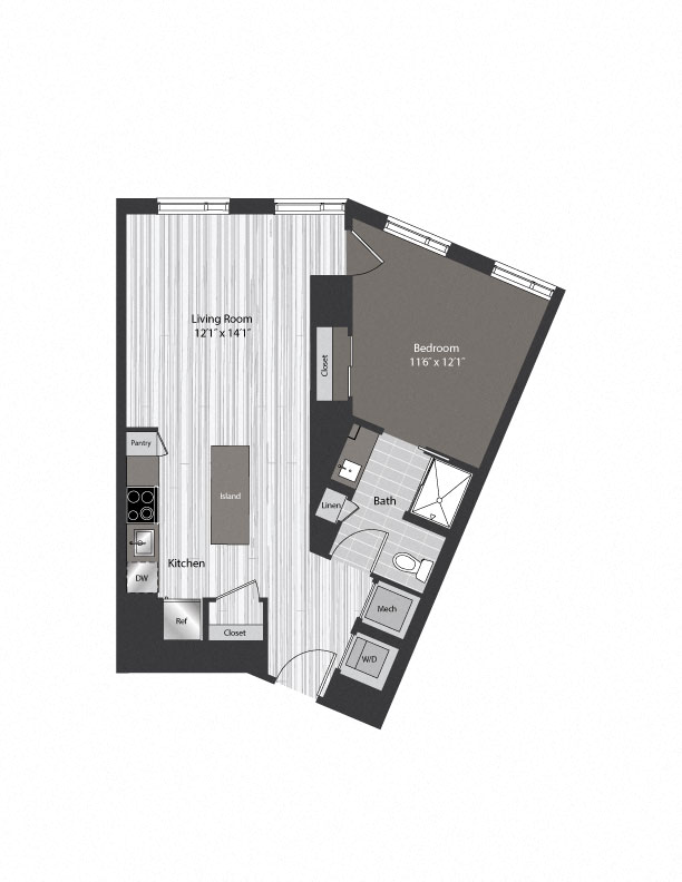 Floor plan for 1 bed, 1 bath, 734 sqft