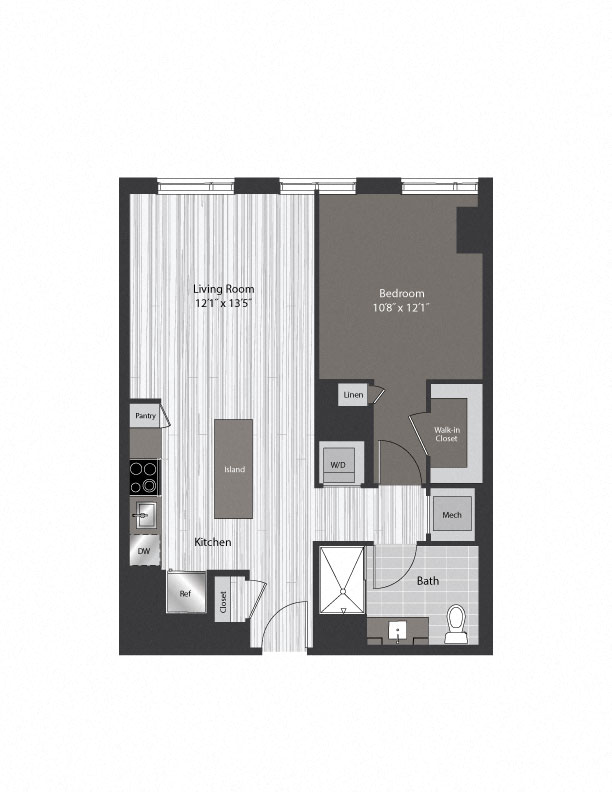 Floor plan for 1 bed, 1 bath, 750 sqft