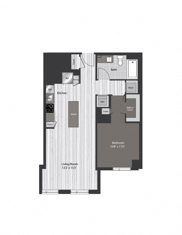 Floor plan for 1 bed, 1 bath, 757 sqft