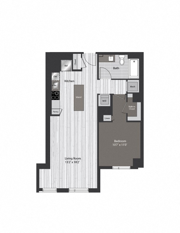 Floor plan for 1 bed, 1 bath, 793 sqft