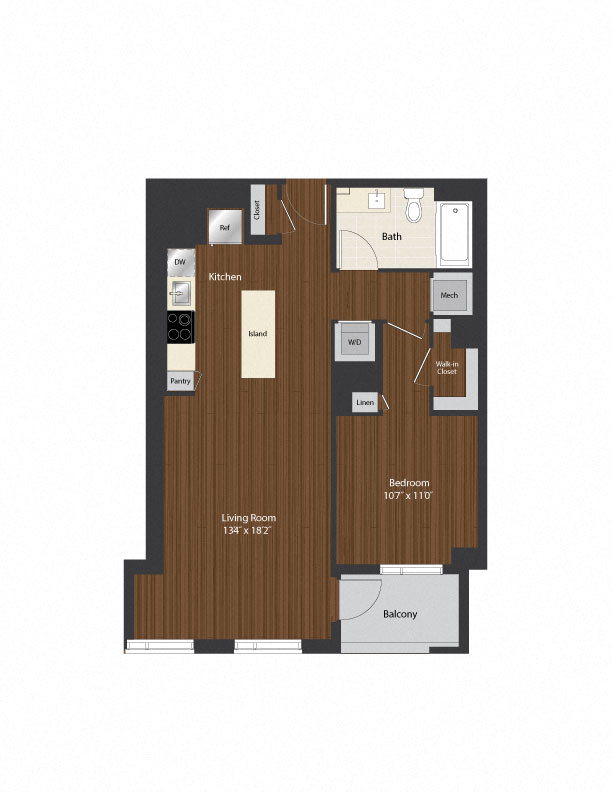 Floor plan for 1 bed, 1 bath, 796 sqft