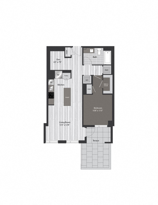 Floor plan for 1 bed, 1 bath, 800 sqft