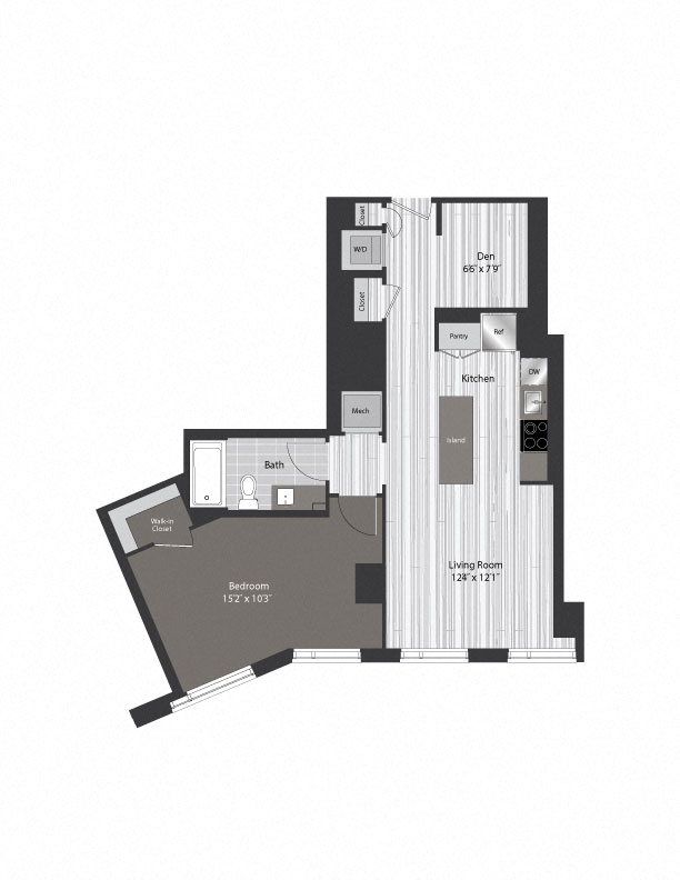 Floor plan for 1 bed, 1 bath, 837 sqft