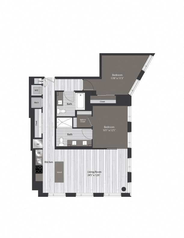 Floor plan for 2 beds, 2 baths, 1057 sqft