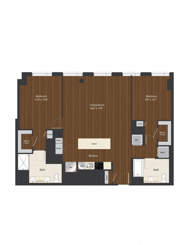 Floor plan for 2 beds, 2 baths, 1318 sqft
