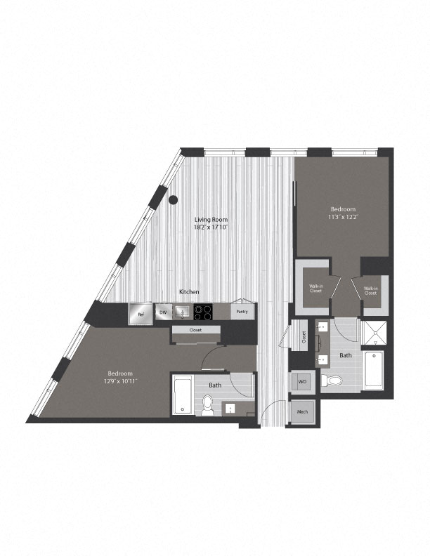 Floor plan for 2 beds, 2 baths, 1125 sqft