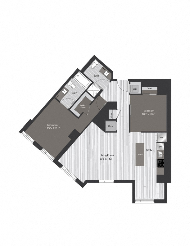 Floor plan for 2 beds, 2 baths, 1135 sqft