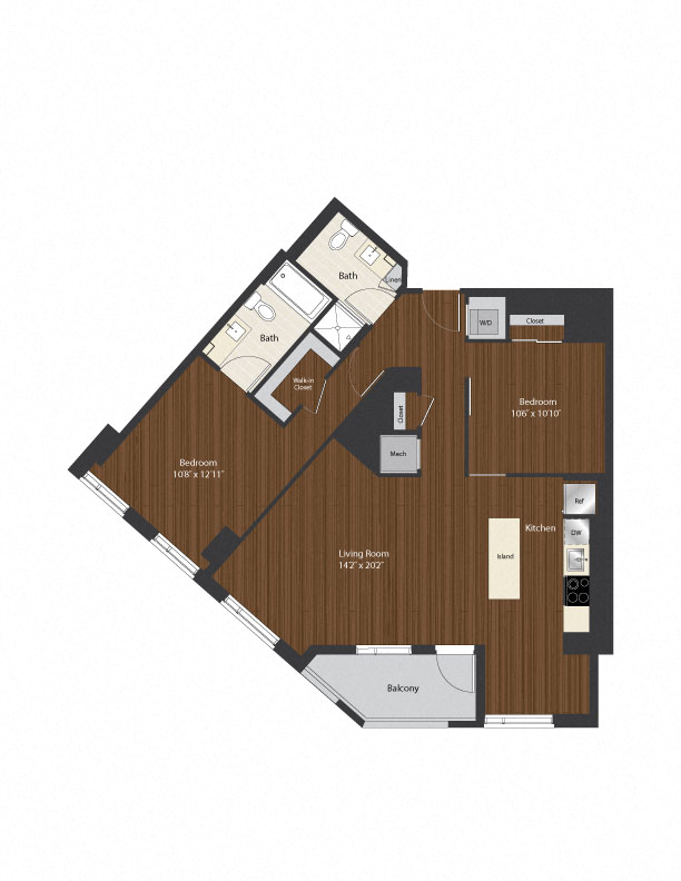 Floor plan for 2 beds, 2 baths, 1138 sqft