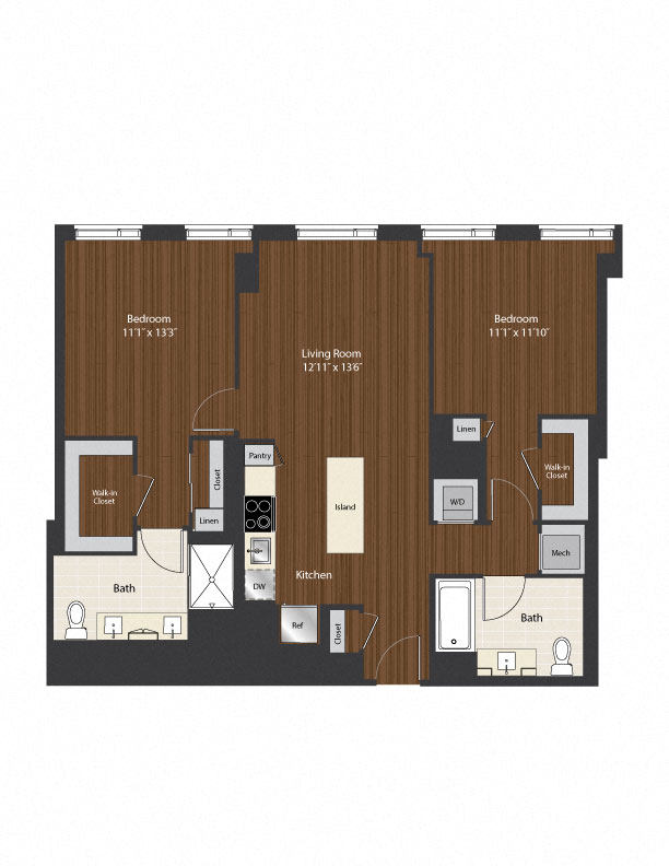 Floor plan for 2 beds, 2 baths, 1152 sqft