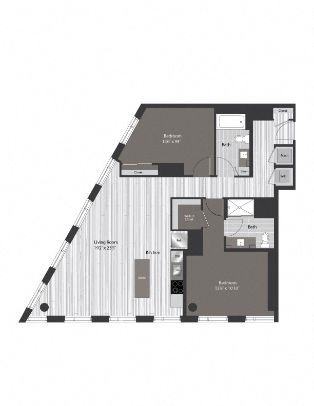 Floor plan for 2 beds, 2 baths, 1236 sqft
