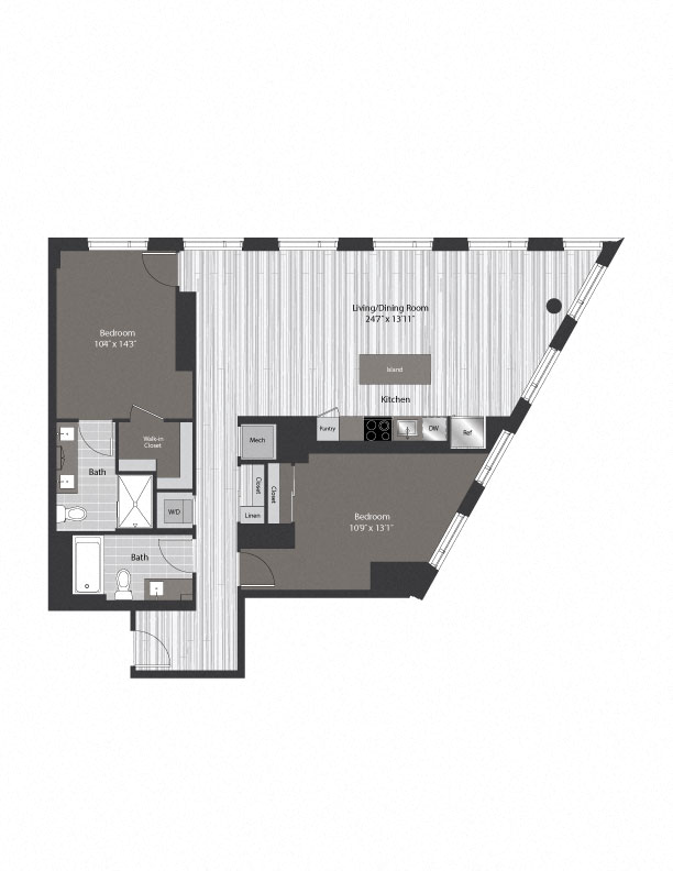 Floor plan for 2 beds, 2 baths, 1240 sqft