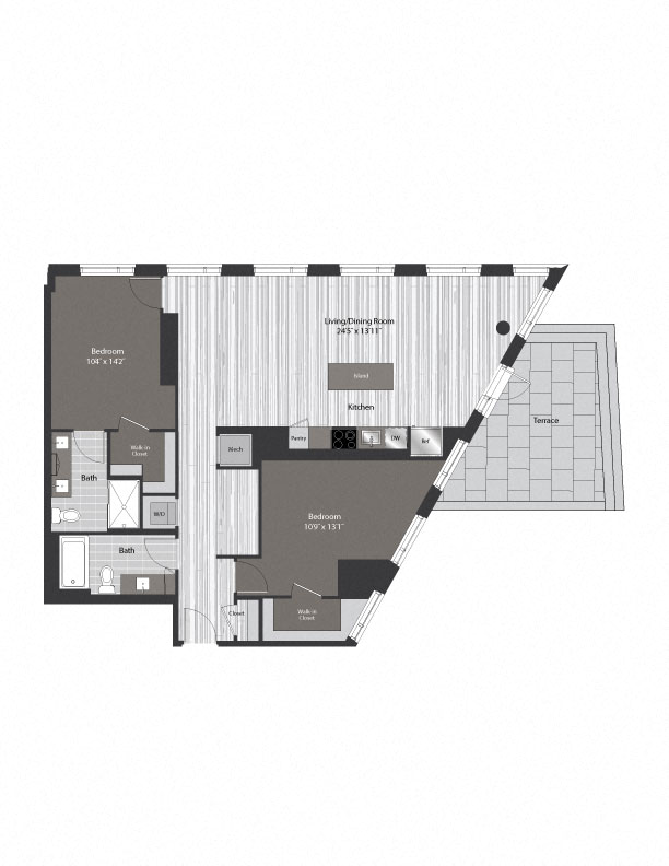Floor plan for 2 beds, 2 baths