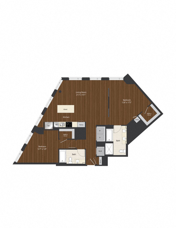 Floor plan for 2 beds, 2 baths, 1295 sqft