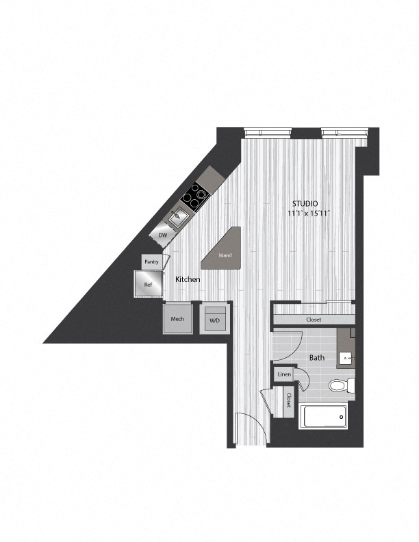 Floor plan for studio, 1 bath, 557 sqft