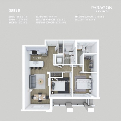 Floor plan for 2 beds, 2 baths, 906 sqft