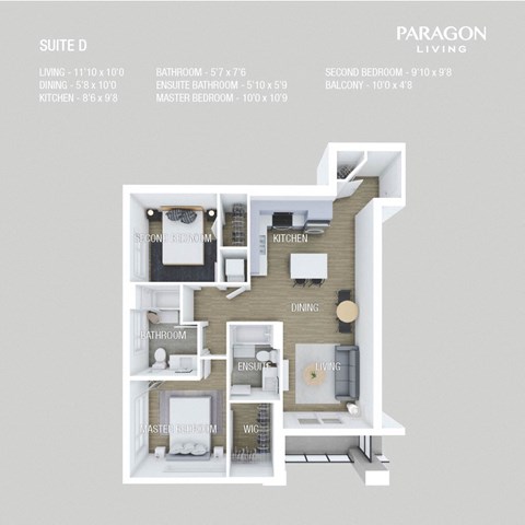 Floor plan for 2 beds, 2 baths, 923 sqft