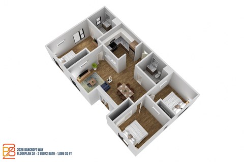 Floor plan for 3 beds, 2 baths, 1086 sqft
