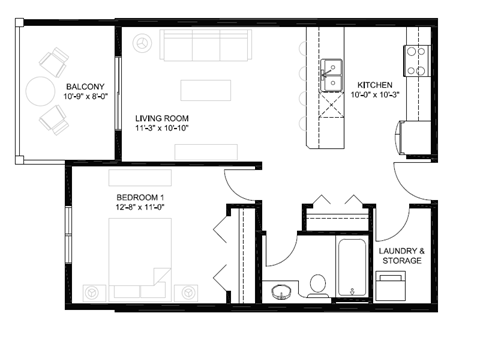 Floor plan for 1 bed, 1 bath, 637 sqft