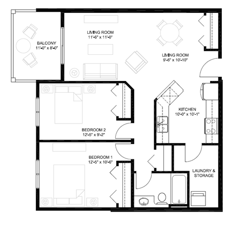 Floor plan for 2 beds, 1 bath, 859 sqft