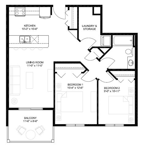 Floor plan for 2 beds, 1 bath, 788 sqft