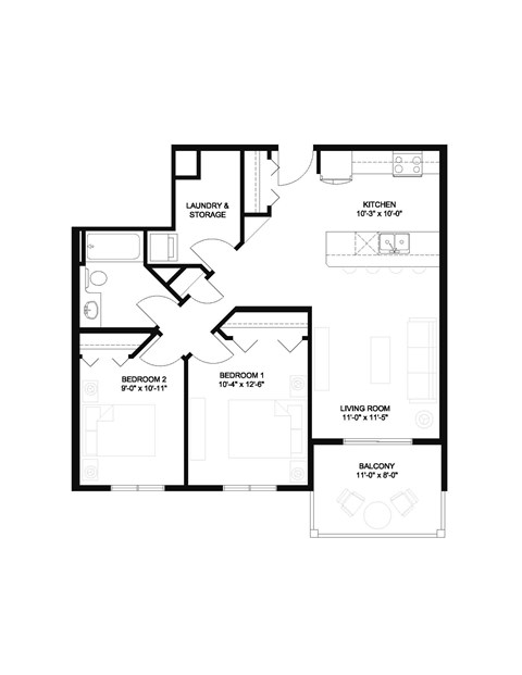 Floor plan for 2 beds, 1 bath, 784 sqft