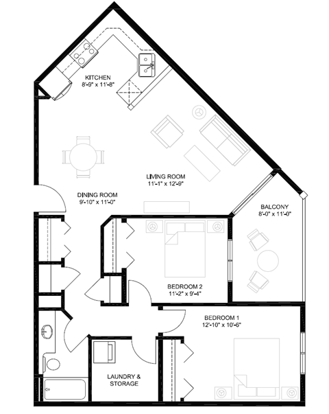 Floor plan for 2 beds, 1 bath, 894 sqft
