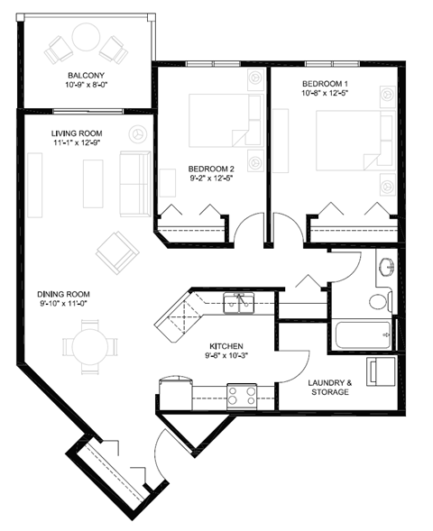 Floor plan for 2 beds, 1 bath, 912 sqft