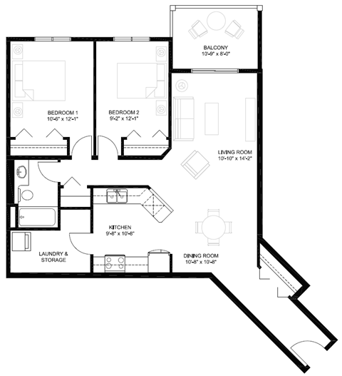 Floor plan for 2 beds, 1 bath, 948 sqft