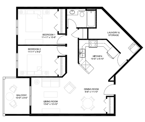 Floor plan for 2 beds, 1 bath, 916 sqft