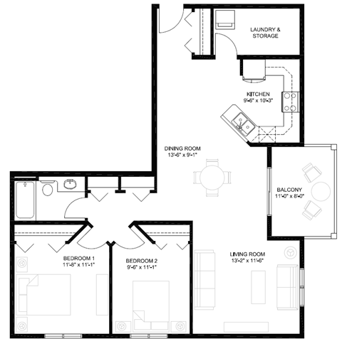 Floor plan for 2 beds, 1 bath, 995 sqft