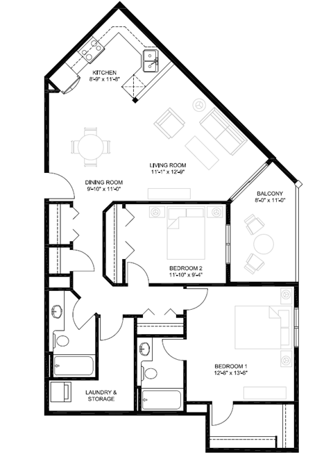 Floor plan for 2 beds, 2 baths, 1066 sqft