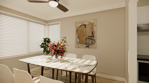 Nanaimo apartment for rent - A dining room with a table, chairs, and a painting on the wall.