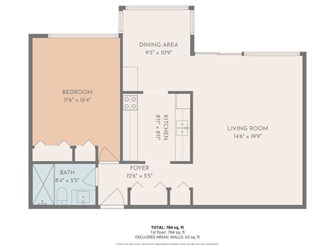 Floor plan for 1 bed, 1 bath, 784 sqft