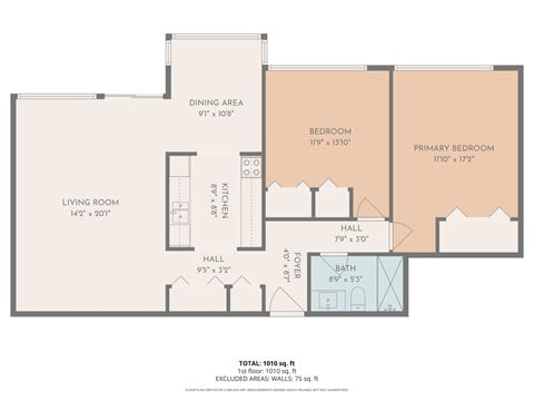 Floor plan for 2 beds, 1 bath, 1010 sqft