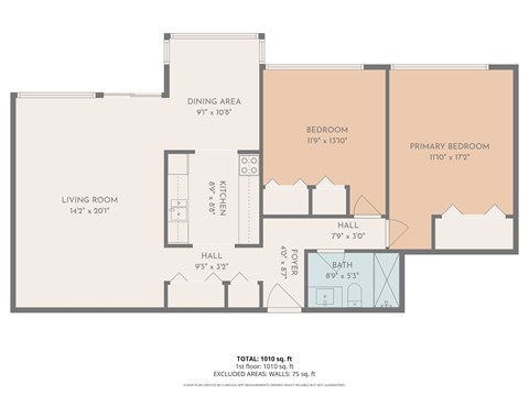 Floor plan for 2 beds, 1 bath, 1130 sqft