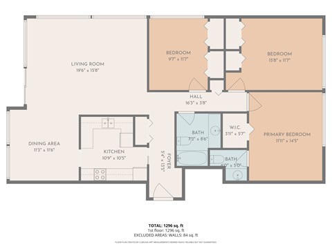 Floor plan for 3 beds, 1 bath, 1296 sqft