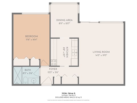 Floor plan for 1 bed, 1 bath, 764 sqft