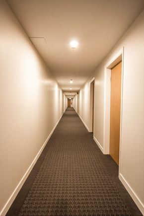 Nanaimo apartment for rent - A long hallway with a carpeted floor and white walls.