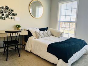 Columbia apartment for rent - a bedroom with a bed and a desk with a mirror