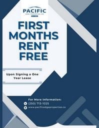 Nanaimo apartment for rent - A promotional image for Pacific properties offering the first month of rent free upon signing a one year lease.