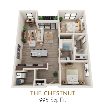 Floor plan for 2 beds, 2 baths, 995 sqft