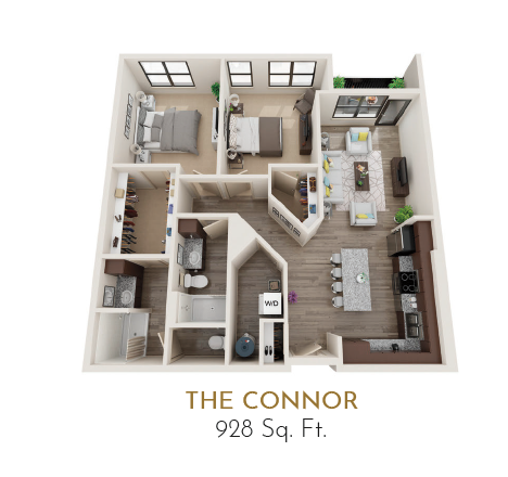 Floor plan for 2 beds, 2 baths, 928 sqft