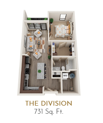Floor plan for 1 bed, 1 bath, 731 sqft