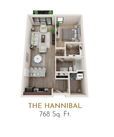 Floor plan for 1 bed, 1 bath, 768 sqft
