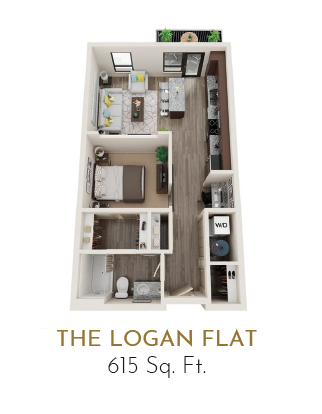 Floor plan for 1 bed, 1 bath, 615 sqft