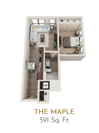 Floor plan for 1 bed, 1 bath, 591 sqft