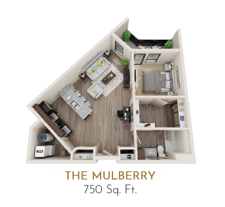 Floor plan for 1 bed, 1 bath, 750 sqft