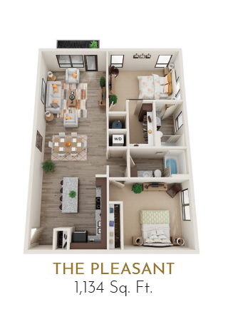 Floor plan for 2 beds, 2 baths, 1134 sqft