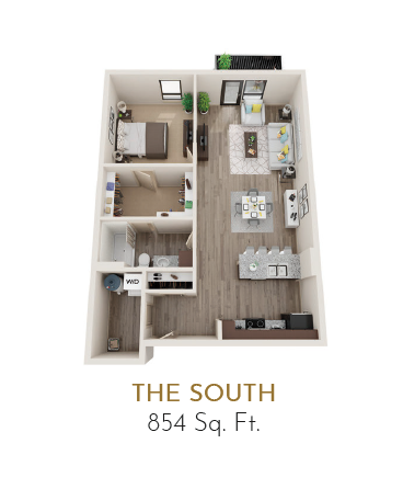 Floor plan for 1 bed, 1 bath, 854 sqft